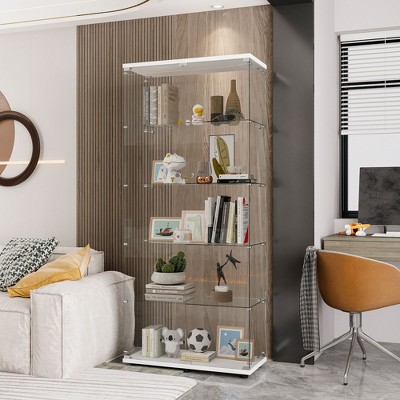 White Double-Door Glass Display Cabinet: 5 Shelves, Quick Install - Ideal for Living Room, Bedroom, Office