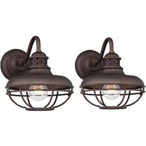 Franklin Iron Works Park Farmhouse Rustic Wall Light Sconces Set of 2 Oil Rubbed Bronze Hardwire 8 1/2" Fixture Gooseneck Arm Metal Cage for Bedroom - 1 of 4