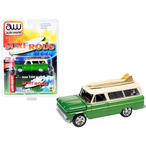 1965 Chevrolet Suburban Green Met. & Cream w/Two Surfboards "Surf Rods" Ltd Ed to 3600 pcs 1/64 Diecast Model Car by Auto World - 1 of 3