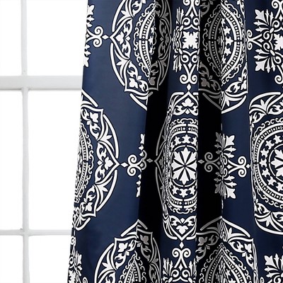 Navy and White Medallion Cotton Polyester Blackout Curtain Panels