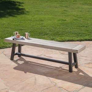 63" Industrial Style Acacia Wood Dining Bench with Slatted Seat and Weather-Resistant Frame for Outdoor Spaces -3irtyhousy - 1 of 4