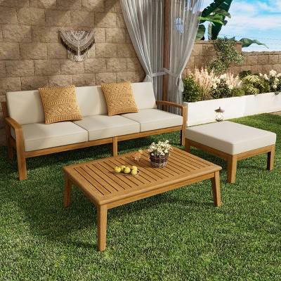 Outdoor Sectional Sofa Set, 3 Pcs Acacia Sofa Set for 3 People, Sectional Sofas with Acacia Table, Wood Frame and PE Cushions-Coolbibila