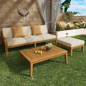 Outdoor Sectional Sofa Set, 3 Pcs Acacia Sofa Set for 3 People, Sectional Sofas with Acacia Table, Wood Frame and PE Cushions-Coolbibila - 1 of 4