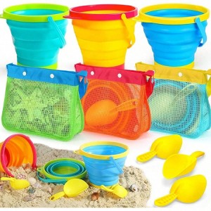 Collapsible Beach Bucket Toys with 3 Seashell Bags 3 Silicone Sand Buckets Shovels - Travel Beach Essentials for Fishing - 1 of 4