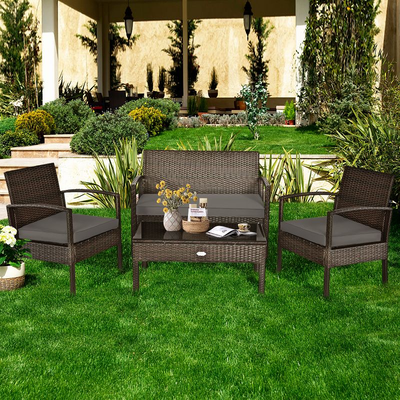 Tangkula 4 PCS Rattan Wicker Furniture Set Loveseat Sofa Cushioned Patio Outdoor Brown, 3 of 9