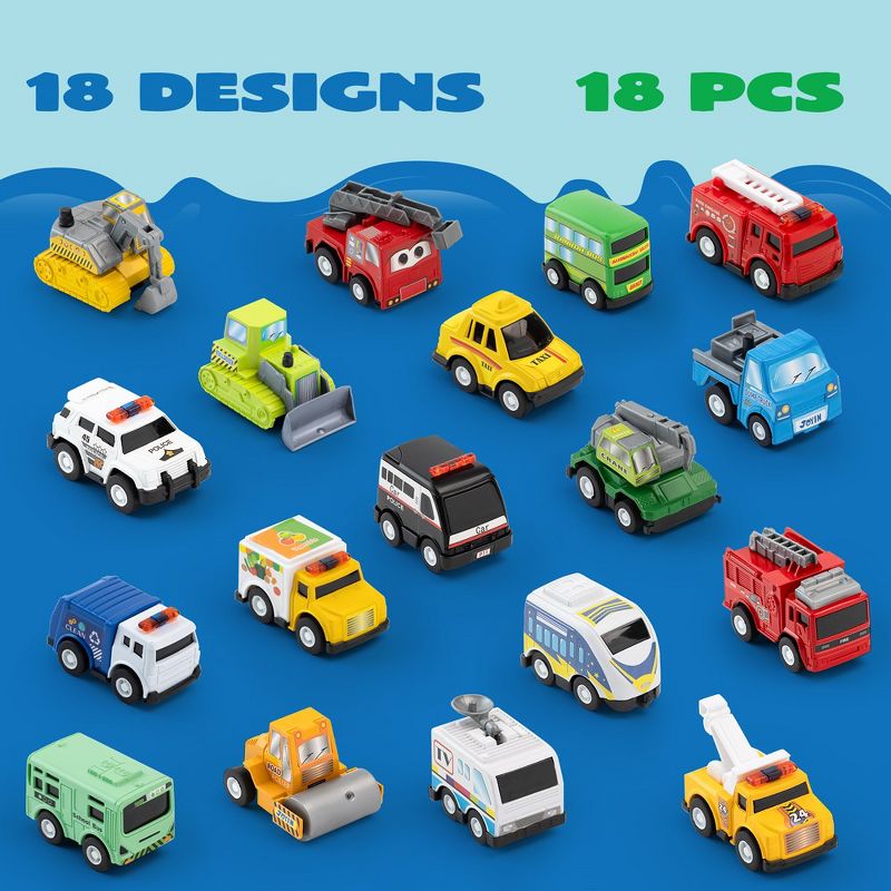 Syncfun 18 Pcs Pull Back City Cars and Trucks Toy Vehicles Set, Friction Powered Cars Toys for Toddlers, Boys, Girls’ Educational Play, Goodie Bags, 3 of 9