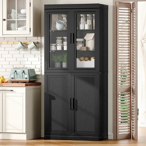 Wooakway 72"H Kitchen Pantry Cabinet with Glass Door and Rattan Door, Storage Shelves, Black - 1 of 4