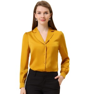 Allegra K Women's Elegant Collar V Neck Long Sleeve Work Office Satin Button Down Shirt - 1 of 4