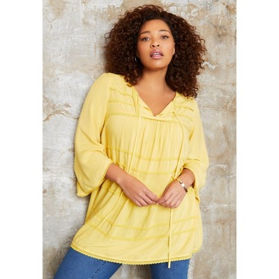 June + Vie by Roaman's Acid Wash Peasant Blouse