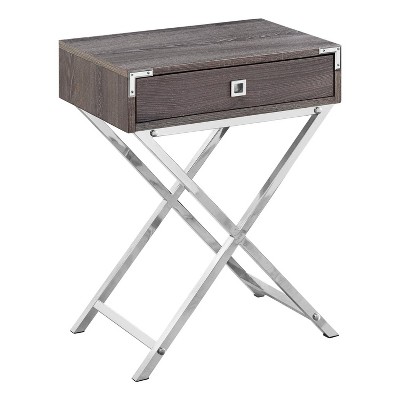 Monarch Specialties Accent Table Side End Nightstand Lamp Storage Drawer Living Room Bedroom Metal Laminate Brown Chrome Contemporary Modern
