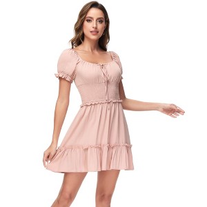 Anna-Kaci Women's Mini Puffed Sleeve Drawstring Square Neck Smocked Flared Dress - 1 of 4