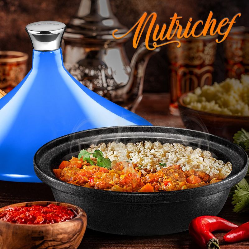 NutriChef Cast Iron Moroccan Tagine - 2.75 Quart Tajine Cooking Pot with Stainless Steel Knob, Enameled Base, Cone-Shaped Enameled Lid, 3 of 4