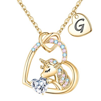 Turandoss Gold Heart Unicorn Necklace for Girls - Initial Zircon Pendant Necklace for Kids 4 -13 Year Old, Unicorn Birthday Gifts for Girls, 18+2.5In