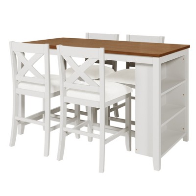 Oversart 5 Pieces Counter Height Rustic Farmhouse Dining Room Wooden Bar Table Set with 4 Chairs, White