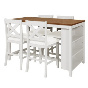 Oversart 5 Pieces Counter Height Rustic Farmhouse Dining Room Wooden Bar Table Set with 4 Chairs, White - 1 of 4