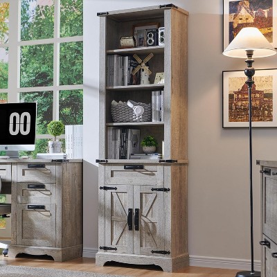 Farmhouse Bookshelf with Storage Cabinet, 72" Tall Bookcase with Drawer and Barn Door for Office Library, Living Room