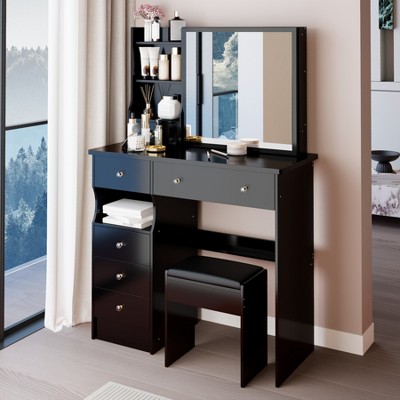 Makeup Vanity Desk with Sliding Mirror, Makeup Vanity Table with Stool, Small Dressing Table with Drawers & Open Storage for Small Space