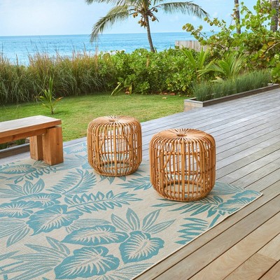 Kona Coast Blue and Beige Tropical Floral Flatweave Rug, 9'x13'