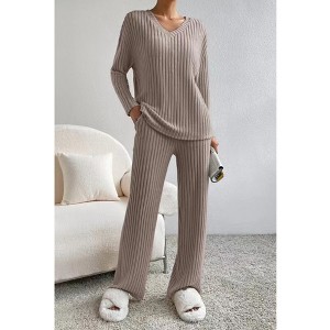 V For City Women's Fall/Winter Ribbed Knit Loungewear Set Loose V-Neck Top & Straight-Leg Pants Pajama Set - 1 of 4