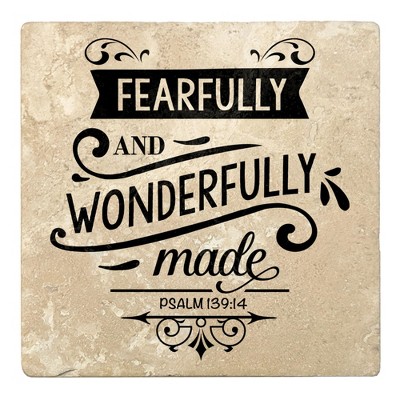 Christmas by Krebs Set of 4 Beige and Black "FEARFULLY AND WONDERFULLY made" Square Coasters 4"