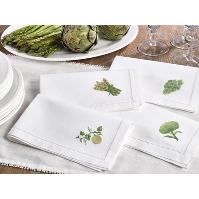 White Cotton Embroidered Artichoke Hemstitch Napkins, 20" Square, Set of 6