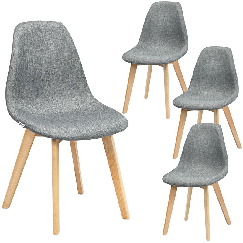 Costway Set of 4 Dining Chair Fabric Cushion Seat Modern Mid Century W/Wood Legs Grey, 1 of 10