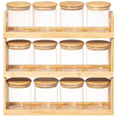 Basicwise 3-Tier Bamboo Spice Rack & Pantry Organizer with 12 Glass Jars.Perfect for Storage in Kitchens to Keep Seasoning Containers Neatly Displayed — фото 8
