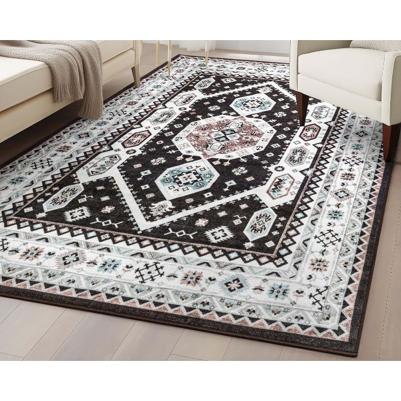 Well Woven Kings Court Kama Black - Non-Slip Rubber Backed Oriental Medallion Rug - Hallway, Entryway & Kitchen - Machine-Washable, Low Looped Pile, 4 of 10