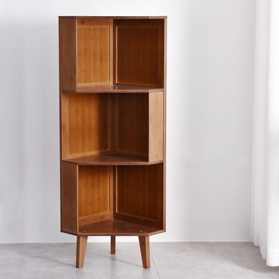 Corner bookcase, shelf, bamboo wood storage cabinet, display shelf, Suitable For Living Room, Bedroom, Kitchen, Office