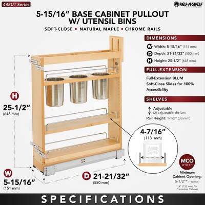 Rev-A-Shelf 5" Natural Wood Pull-Out Cabinet Organizer with Stainless Steel Bins