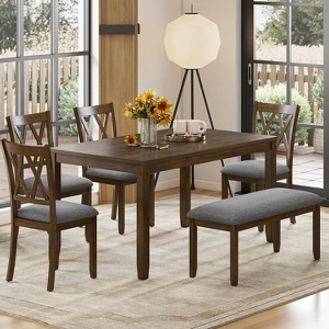 Zevemomo6-Piece Solid Wood Dining Table Set, Including 1 Dining Table, 4 Upholstered Chairs and 1 Bench, for Dining Room & Kitchen, Walnut - 1 of 4