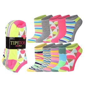 Tipi Toe Womens 10 Pairs Neon Zigstripe Pattern & Mix Colors For Vibrant Style Low Cut/No Show Socks - 1 of 4