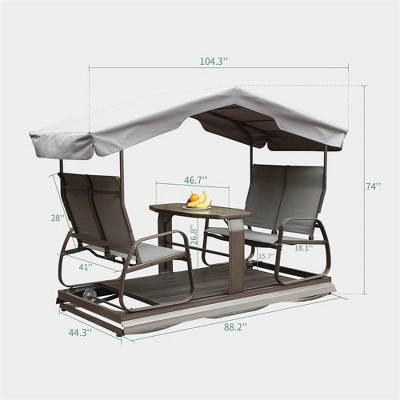 DOMETOUR 4-Seat Outdoor Glider Benches with Canopy, Retro Metal Glider Chair with Aluminum Frame, Patio Swing Chair for Outside,Garden,Lawn