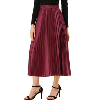INSPIRE CHIC Women's Party Elastic Waist Metallic Shiny Accordion Pleated Midi Skirt