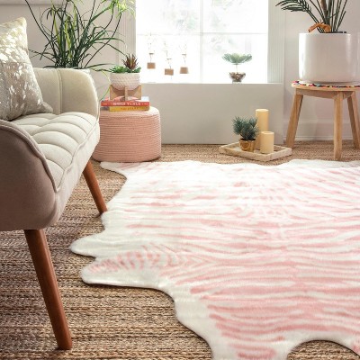 Pink and White Faux Zebra Cowhide Area Rug, 5' x 7'