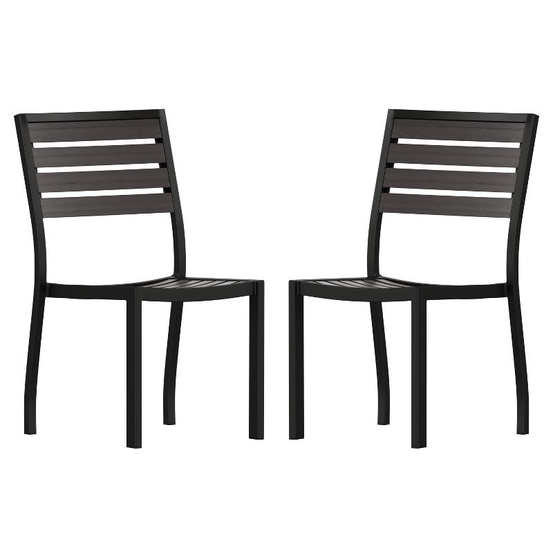 Flash Furniture Lark Outdoor Side Chair with Faux Teak Poly Slats, Set of 2, 1 of 12