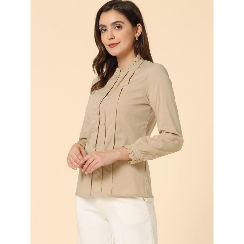 Allegra K Women's Mock Neck Blouse Ruffle Work Office Cotton Pleated Button Up Shirt, 3 of 6
