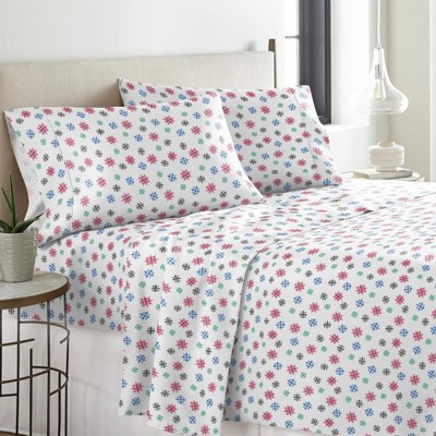 Pointehaven Heavy Weight 100% Cotton Snowflakes Multi Printed 170 GSM Flannel 4 pc Sheet Set