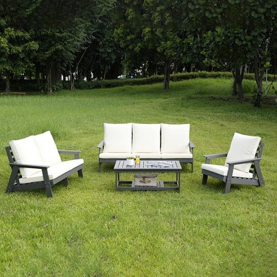 Outdoor Loveseat, Sofa Chair With Cushion, Armrests, Stainless Steel Hardware,Wood Grain Garden Sofa,abstract,gray,78.74in,6.56ft