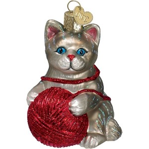 Old World Christmas Blown Glass Ornament for Christmas Tree, Grey/Red Playful Kitten - 1 of 4