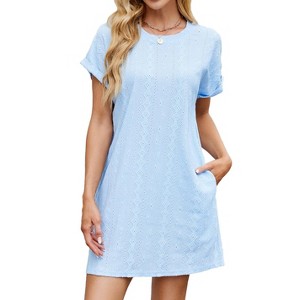 Women's Crew Neck Loose Short - Sleeve Dress with Pockets, Casual Solid Color Shift Dress - 1 of 4
