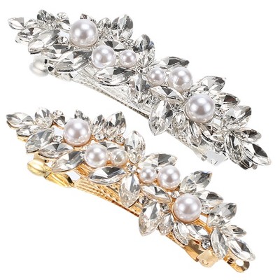 Unique Bargains Women's Rhinestone Faux Pearl Hair Barrettes 2 Pcs