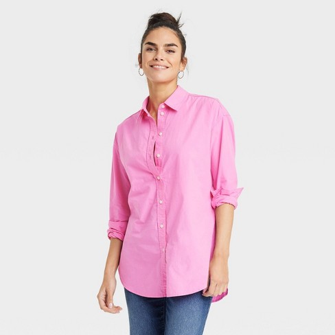 Women's Oversized Long Sleeve Collared Button-Down Shirt - Universal  Thread™ Dark Pink XS