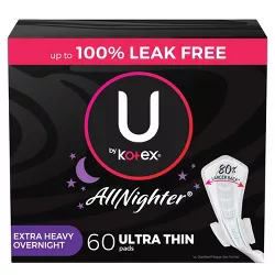 U by Kotex CleanWear AllNighter Ultra Thin Overnight Pads with Wings - Extra Heavy - Unscented - 60ct