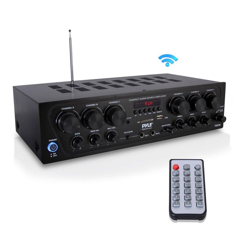 Pyle PTA62BT 750 Watt 6 Channel Compact Wireless Bluetooth Home Audio Amplifier Stereo Receiver Sound System with Microphone Inputs and Remote Control, 1 of 8