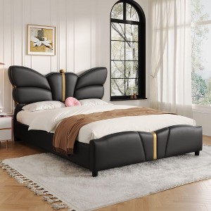 CAVINAS Modern Butterfly-Shaped Platform Bed Frame with Upholstered Headboard, PU Leather & Solid Wood Queen Bed Frame with Gold Metal Decor - 1 of 4