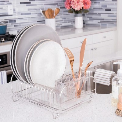Compact Silver Metal Dish Drainer with Utensil Cup