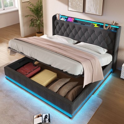 NicBex Lift Up Bed Frame with Charging Station and LED Lights,Upholstered Bed Frame with Button Tufted Wingback Storage Headboard,Black/Gray