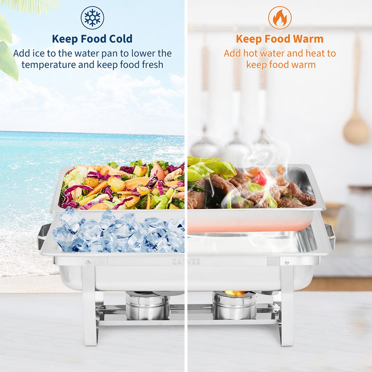 Chafing Dish Buffet Set, 8 Qt Rectangle & 5 Qt Round Stainless Steel Chafers and Food Warmer Sets with Lid, Food & Water Pan and Fuel Holder - thumbnail 7