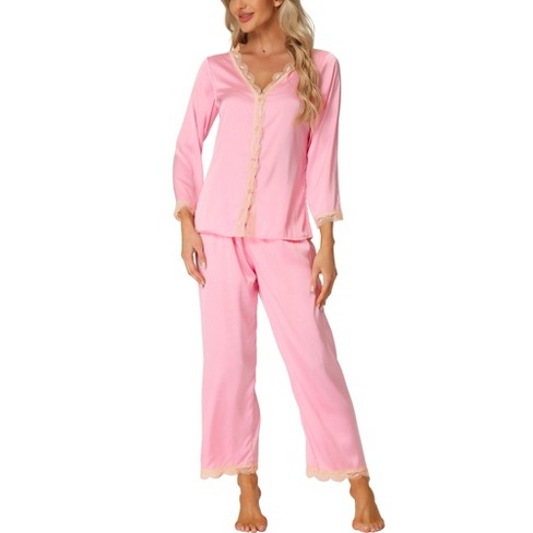 cheibear Women's Satin Soft Button Down Sleepwear with Pants Lounge Pajama  Set Pink X-Small